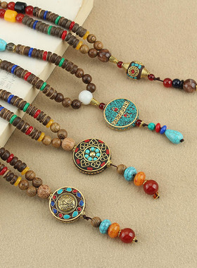 中国风唐装汉服棉麻配饰挂饰项链长款佛珠毛衣链男女新中式潮挂件