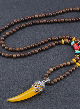 新中式国风复古民族风唐装毛衣链禅意菩提项链男女狼牙木珠鸡翅木