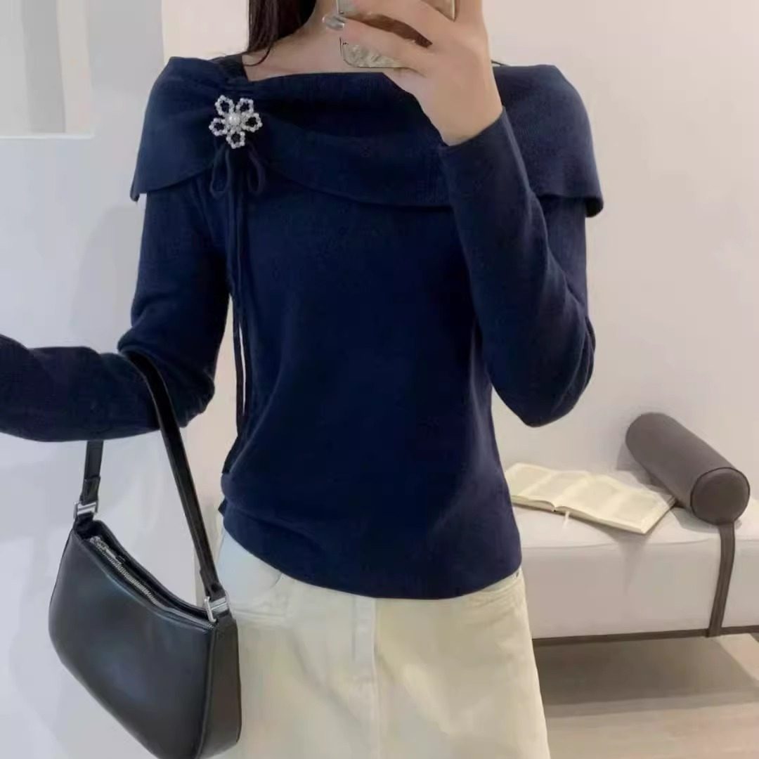 2025春秋新款法式纯欲立体花朵长袖针织衫女一字肩上衣打底衫气质,淘宝优惠券,粉丝福利购,淘宝优惠卷