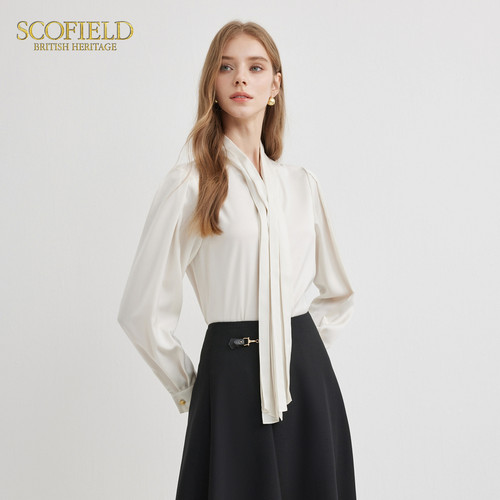 Scofield女装优雅飘带衬衫简约通勤气质泡泡袖衬衣春夏时尚上衣 - 图0