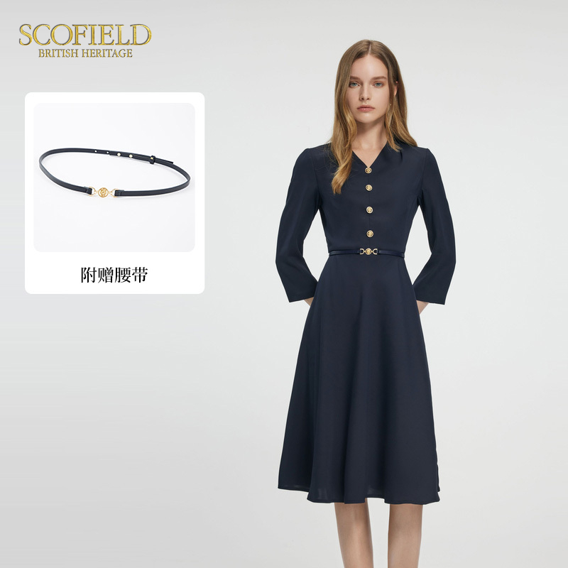 Scofield女装静奢风七分袖V领连衣裙收腰A摆连衣裙2025夏季新款 - 图1