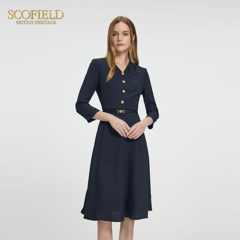 Scofield女装静奢风七分袖V领连衣裙收腰A摆连衣裙2025夏季新款 - 图0