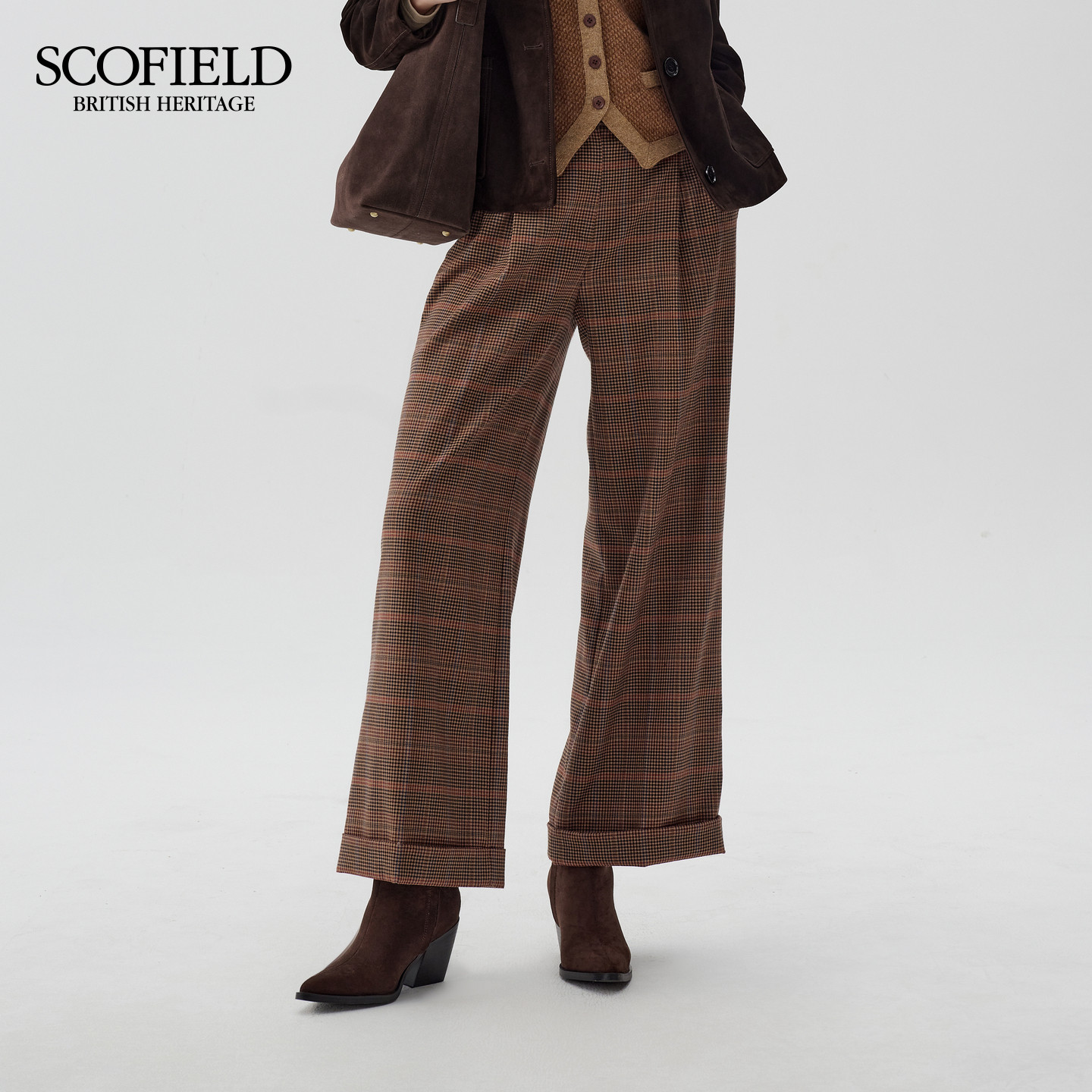 【含绵羊毛】Scofield女装英伦复古格纹阔腿西装裤2025冬季新品,淘宝优惠券,粉丝福利购,淘宝优惠卷