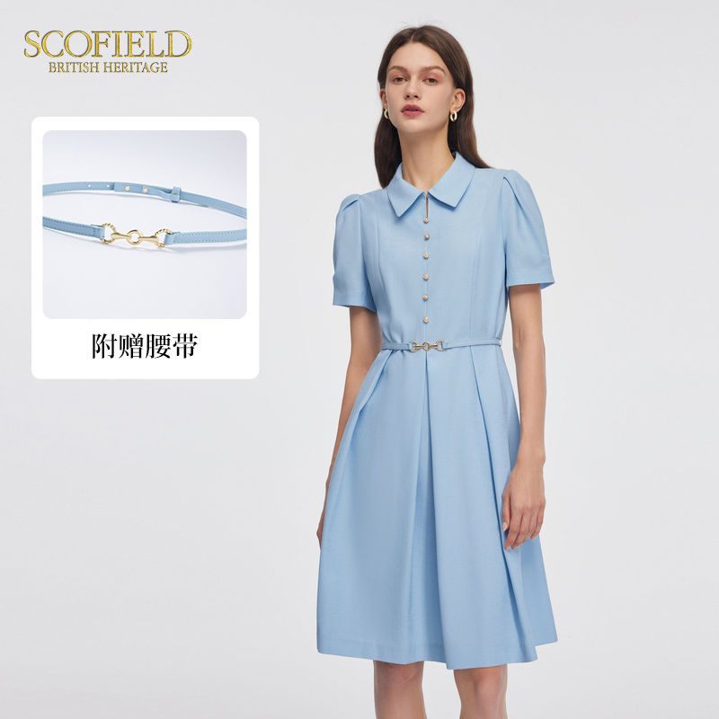 Scofield女装简约气质短袖翻领收腰通勤连衣裙2024夏季新款 - 图1