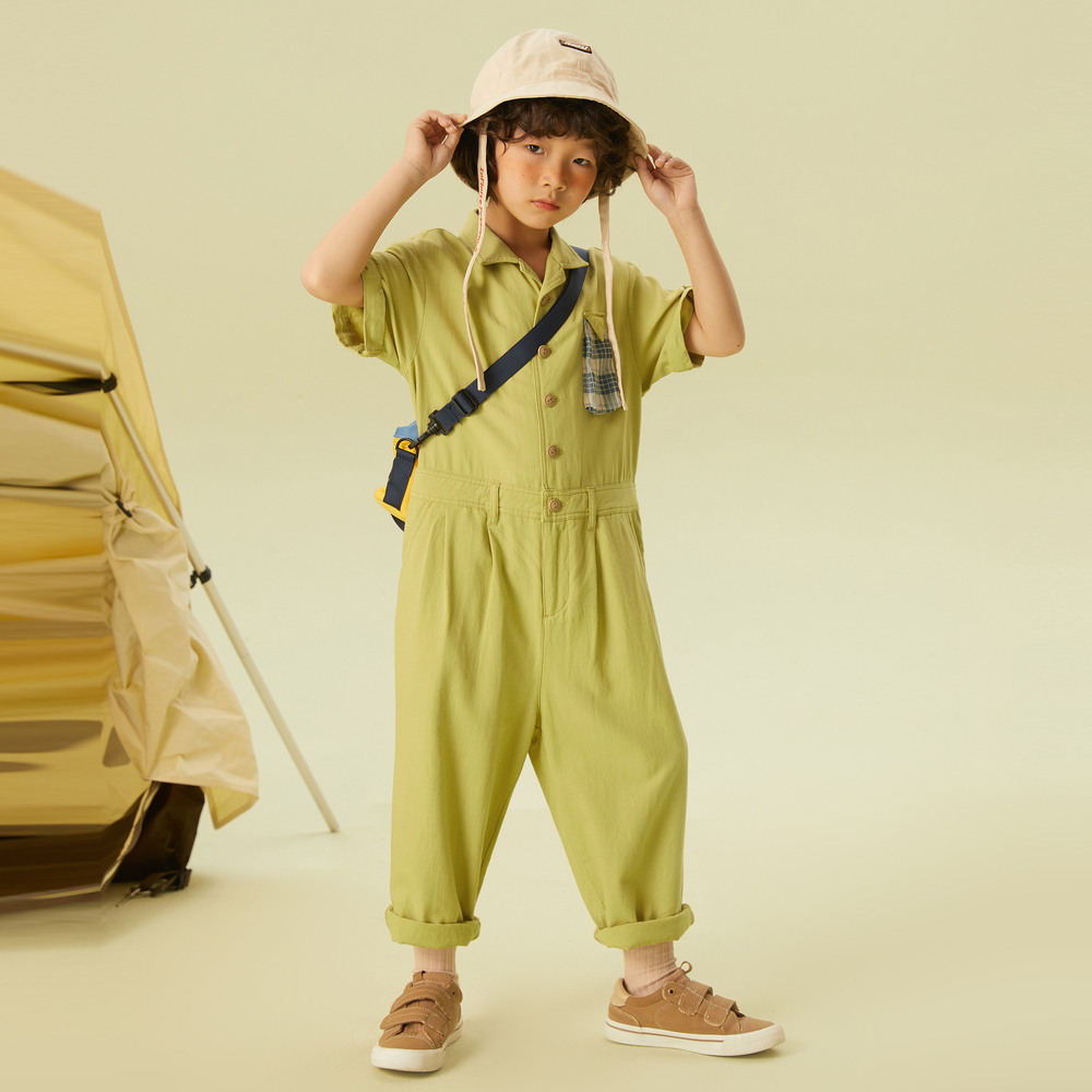 美特斯邦威童装男女童连体裤夏新款儿童绿色中性风H型质感连体裤 - 图0