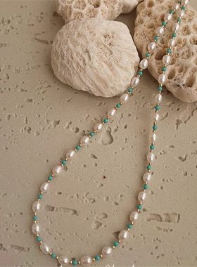 进口强光淡水珍珠美拉德。诸暨绿松石银项链女复古感