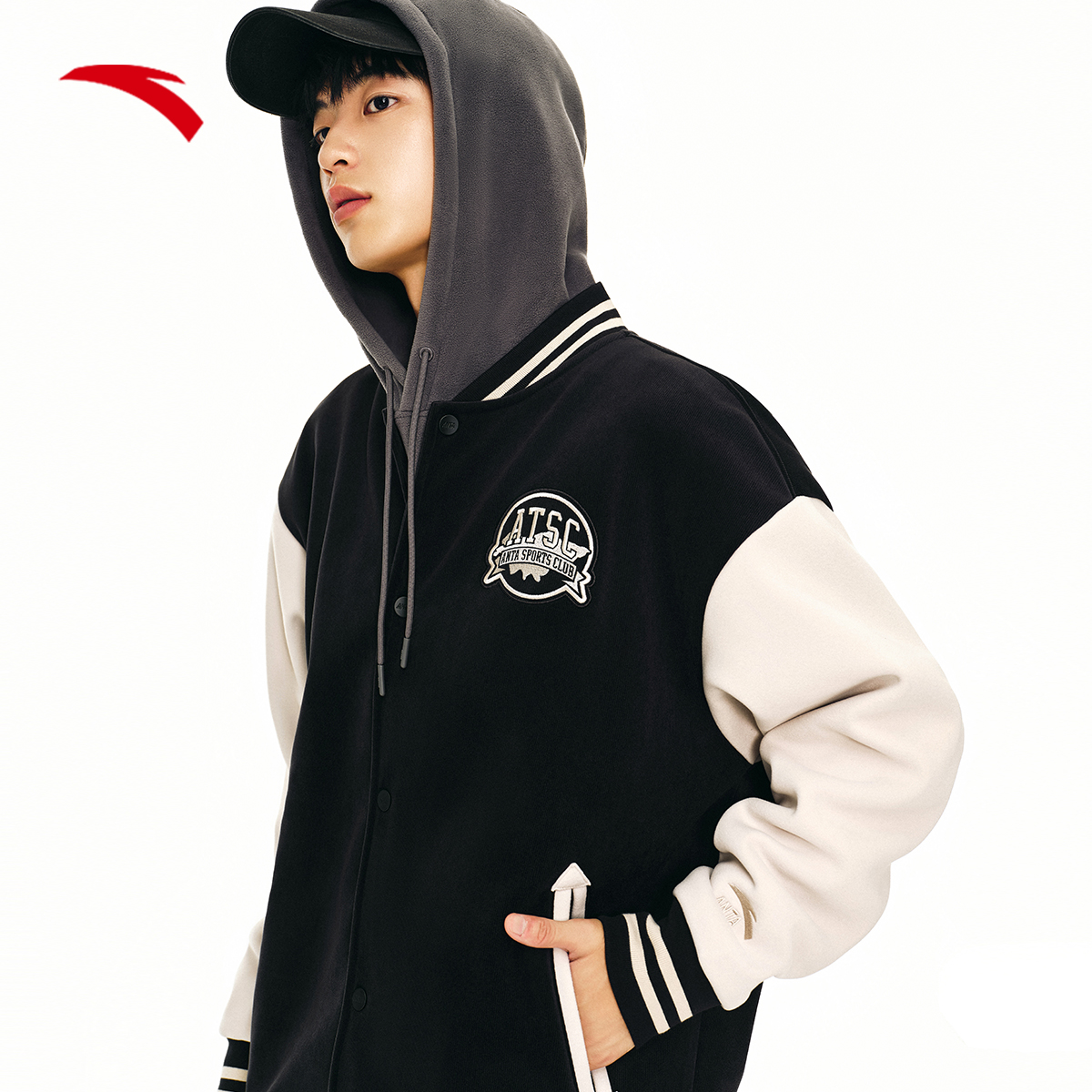 安踏美式棒球外套男冬季新款复古撞色加绒拼接外套上衣152448702N - 图1