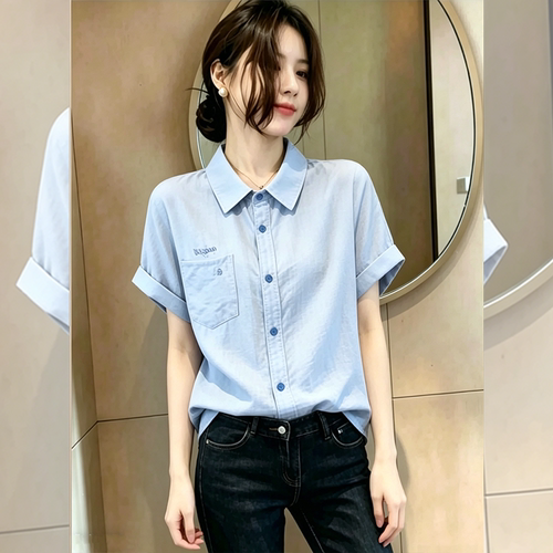 高级感衬衫女设计感小众轻熟风休闲通勤职业气质短袖polo衬衣夏季 - 图1