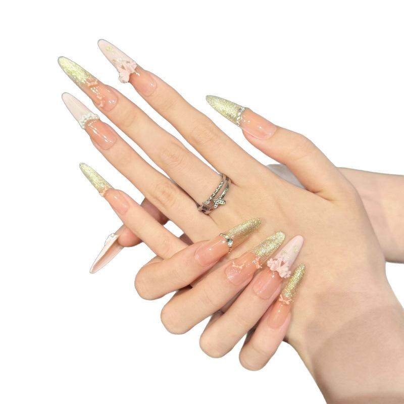 【浪漫法式】爆闪金色猫眼桃粉法式珍珠裙摆爱心穿戴甲成品,淘宝优惠券,粉丝福利购,淘宝优惠卷