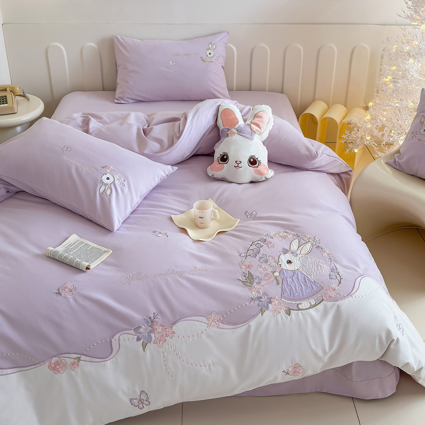 儿童床上用品加厚女孩磨毛纯棉四件套儿童全棉紫色兔子被套三件套,淘宝优惠券,粉丝福利购,淘宝优惠卷