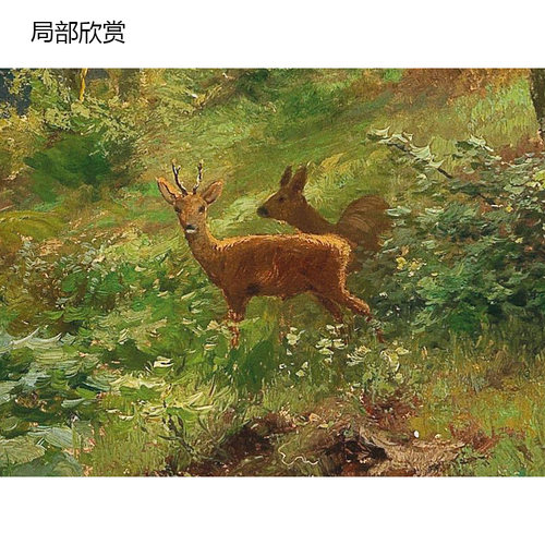 溪边鹿影 Heinrich Bohmer德国森林动物风景油画 玄关客厅装饰画 - 图1