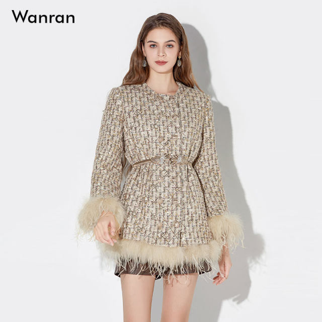 2025 winter new design lady style feather splicing trumpet sleeves sequined woolen coat mid-length women's clothing