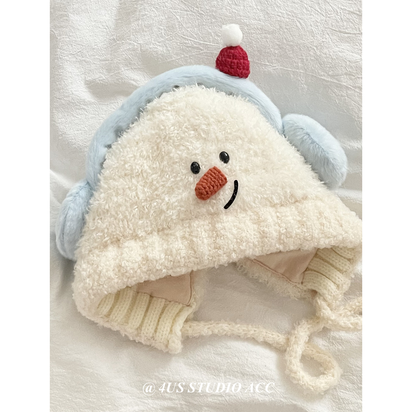 可爱卡通毛绒雪人针织帽子女秋冬季大头围保暖毛线帽套头雷锋帽 - 图0