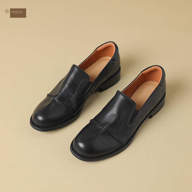 头层软牛皮真皮单鞋平跟圆头低跟乐福鞋春秋女鞋时尚拼接英伦复古,淘宝优惠券,粉丝福利购,淘宝优惠卷