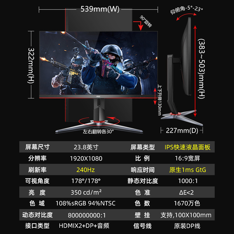 AOC 24G2Z 240Hz显示器24英寸电竞游戏IPS液晶台式电脑屏幕144hz-图3