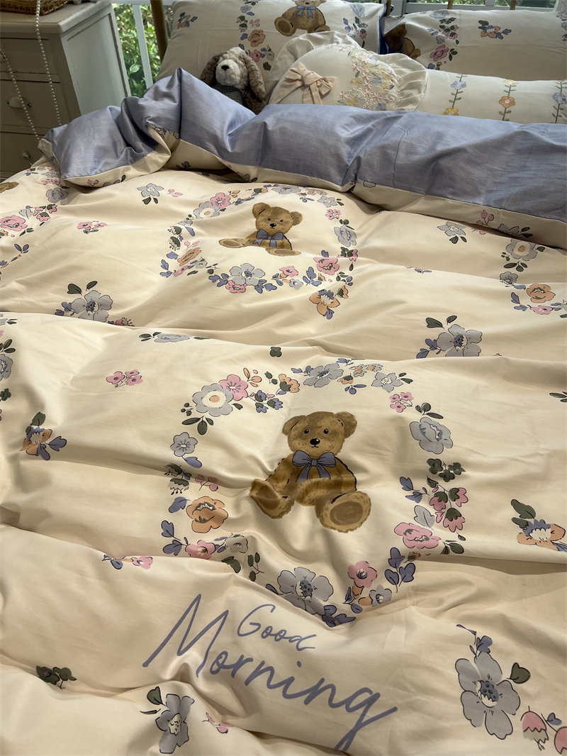 花环小熊ins紫色床上四件套全棉纯棉1.5m米被套床单三件套少女心-图0