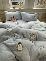 Cream Blue Thickened Teddy Suede Towel Embroidered Little Penguin Four Sets 1 5m1 8 Milk Suede Winter Warm