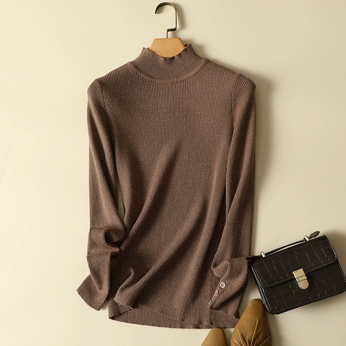 Демисезонный трикотажный свитер, лонгслив, высокий воротник, по фигуре