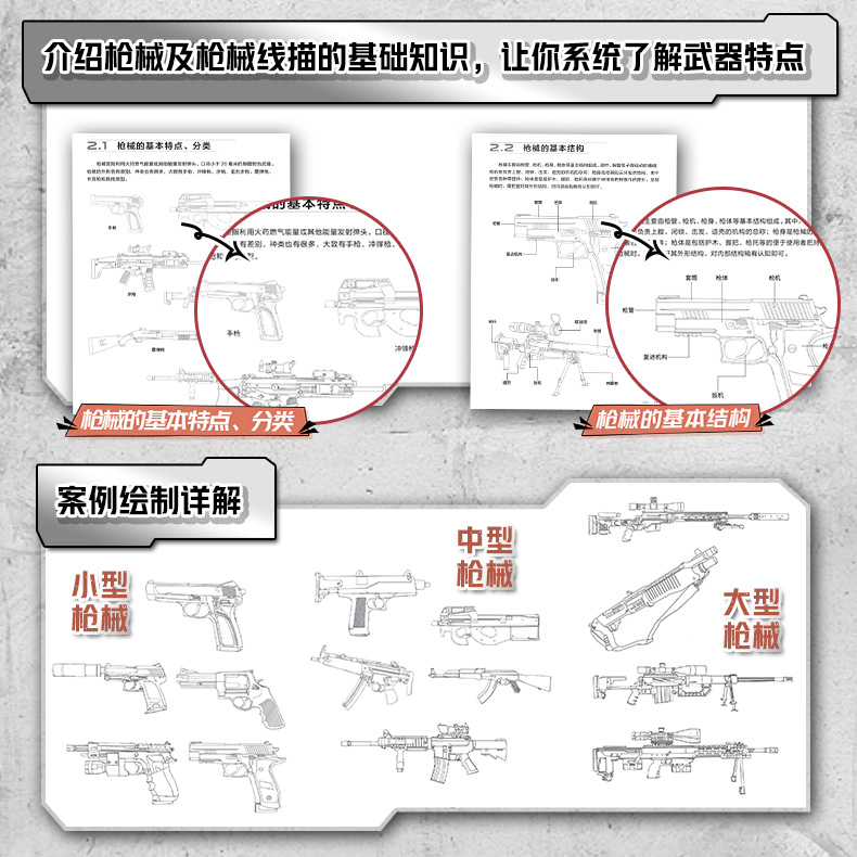 【套装4册】武器线描手绘教程 现代枪械装甲战车战舰战机 画枪书枪械绘画描图红手枪素描线本枪支军火武器装备速写临摹画坦克书 - 图0