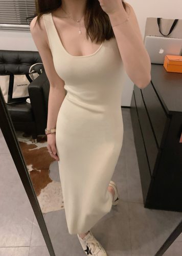 Viiwen纯欲好比例 显瘦黑色短款针织裙长款修身背心吊带裙连衣裙 - 图3