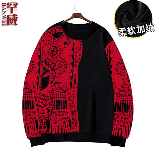 古风戏曲剪纸圆领卫衣男女全幅上衣服中国风创意长袖加绒保暖外套 - 图0