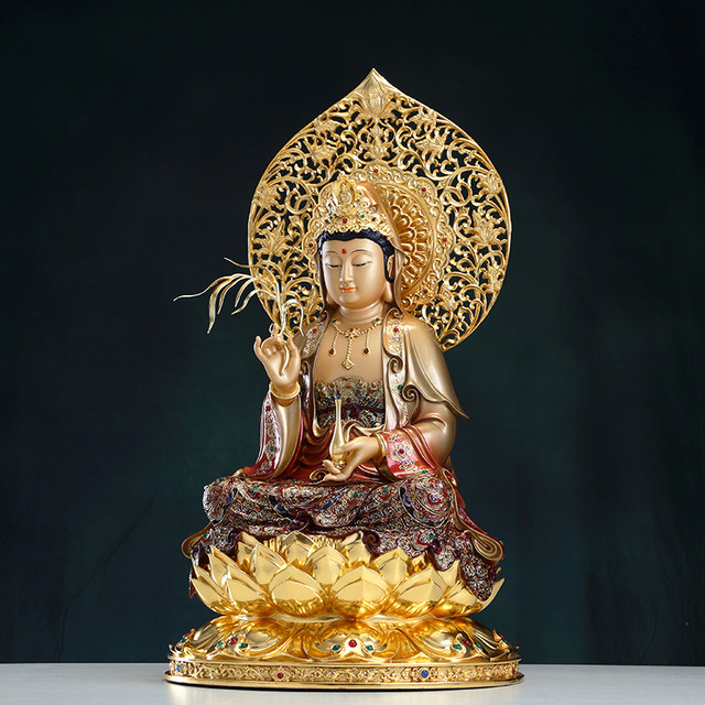 Taiwan lacquer line carved pure copper Guanyin Bodhisattva statue for home worship of Nanhai Guanyin Bodhisattva sitting statue living room decoration