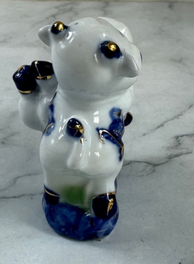 描金蓝彩陶瓷家居装饰品摆件橱窗书房台面摆设吉祥小牛