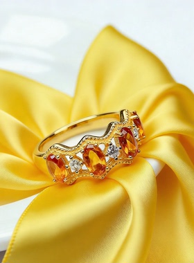 采金金钰925银黄水晶镶钻女戒