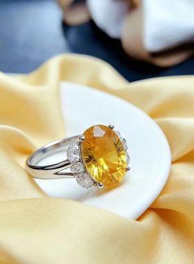 采金金钰925银黄水晶鸽子蛋戒指