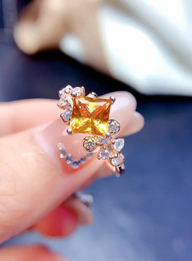 天然黄水晶戒指女夏转运招财花