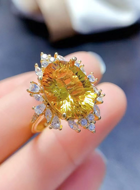 天然黄水晶纯银戒指女旺财运