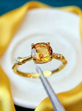 采金金钰925银黄水晶开口戒指