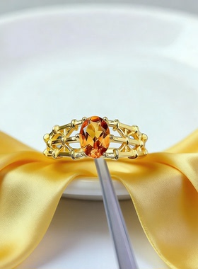 天然黄水晶戒指原矿宝石S925纯银