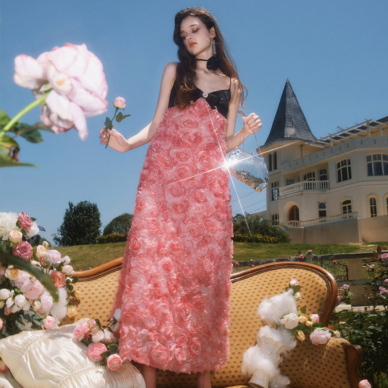 GUO JINGYI时尚拼黑粉红玫瑰吊带长裙连衣裙女CHENSHOP设计师品牌 - 图0