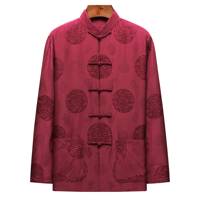 中老年人真丝唐装男长袖桑蚕丝绸 蓝吉奥民族服装