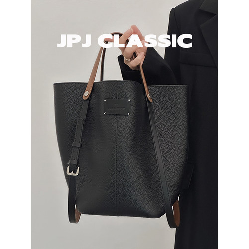 jpjclassic头层荔枝纹牛皮菜篮子水桶包单肩手提包腋下通勤包 - 图2