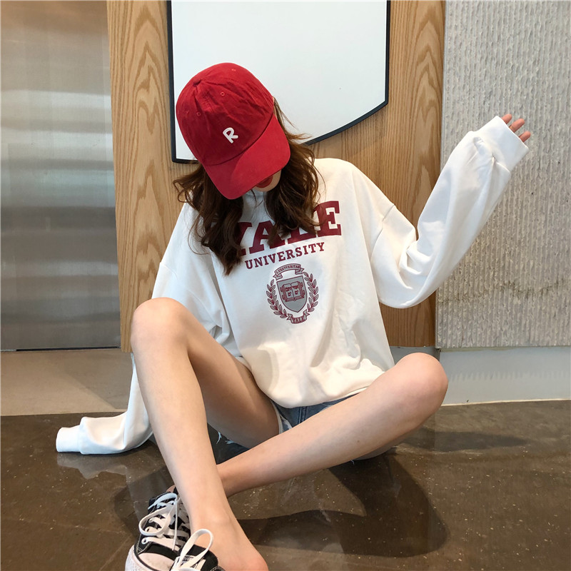 2022网红春装上衣白色长袖t恤女ins宽松洋气百搭打底衫女外穿白体