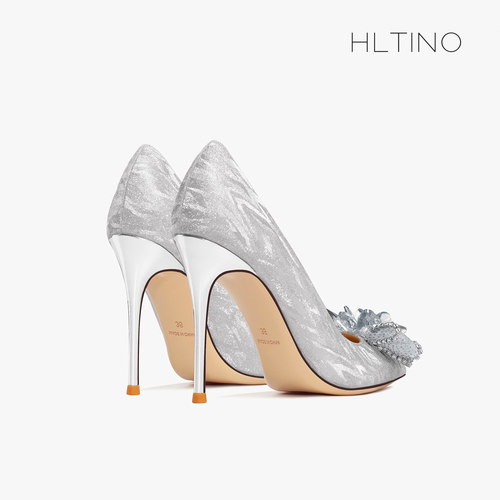 2025新款尖头高跟鞋女细跟婚鞋银色水晶蝴蝶结新娘鞋水钻单鞋子夏 - 图1