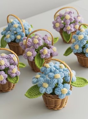 成品手工钩织毛线小花篮家居摆件编织泡芙花桌面装饰针织永生花