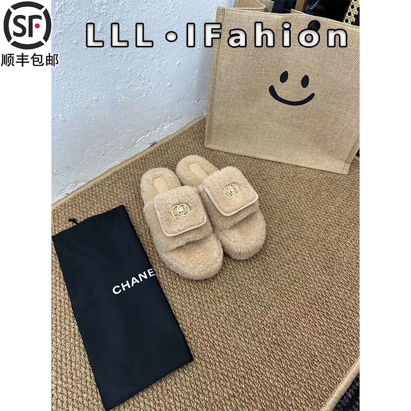 小香风厚底5cm毛毛鞋女外穿2025秋冬加绒保暖一字书包扣翻盖拖鞋 - 图2