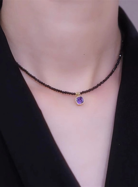 紫色水晶方糖项链小众设计感锆石