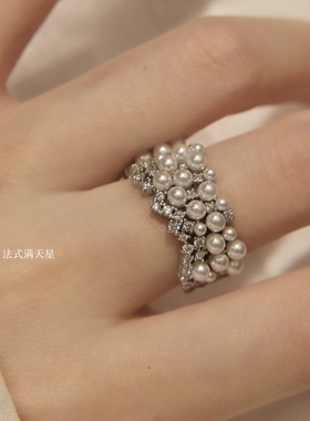 新款百搭锆石珍珠戒指女小众设计高级感开口戒轻奢时尚个性食指戒