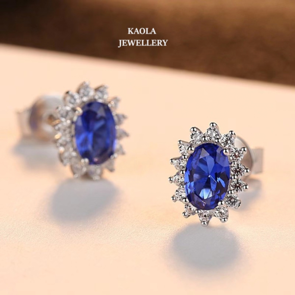 戴妃款椭圆蓝宝石耳钉 女红宝石纯银18K金镶钻皇家蓝高级感礼物潮 - 图0