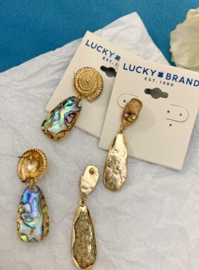 外贸品牌LUCKY天然鲍鱼贝母壳耳钉 极光幻彩复古做旧哑光金耳饰2