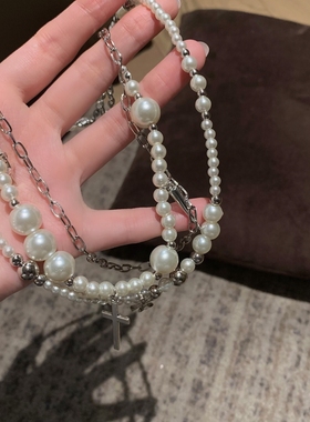 哥特朋克风叠戴仿珍珠十字架项链女颈链高级感轻奢小众锁骨链配饰