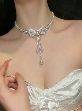 闪锆蝴蝶结珍珠项链女高级感轻奢