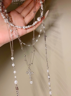 Y2K亚文化十字架项链金属吊坠多层锁骨链哥特甜酷辣妹长款毛衣链