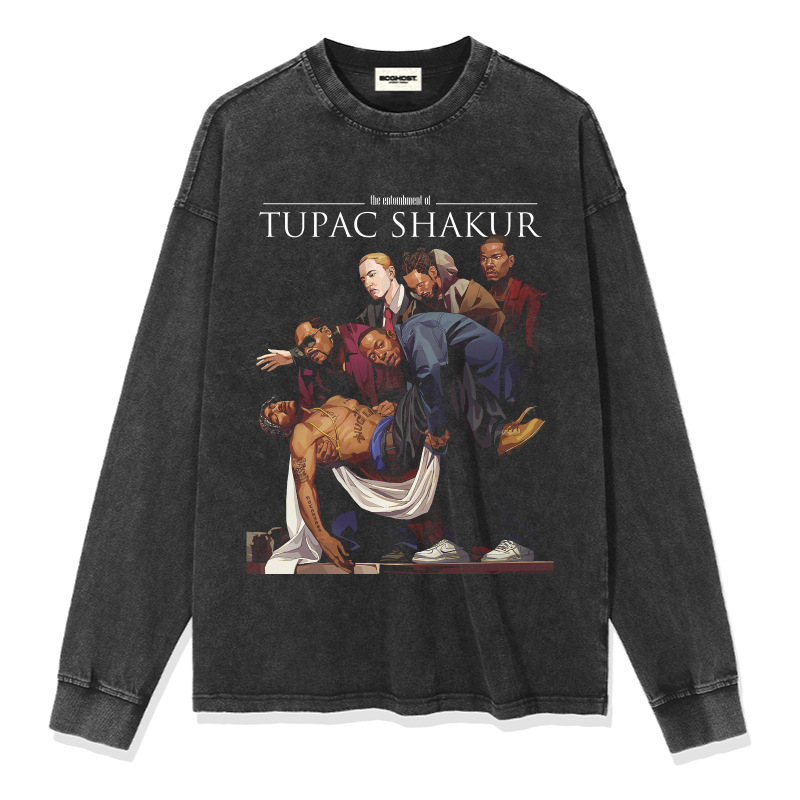 图派克Tupac嘻哈说唱美式街头嘻哈潮牌复古印花做旧水洗宽松短袖 - 图2