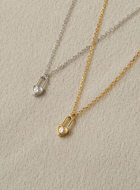 日韩S925纯银镀14K金爱心锁头项链女轻奢小众ins简约百搭锁骨链