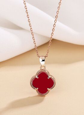 S999足银玛瑙四叶草项链女小众花朵吊坠2023新款潮纯银高级锁骨链